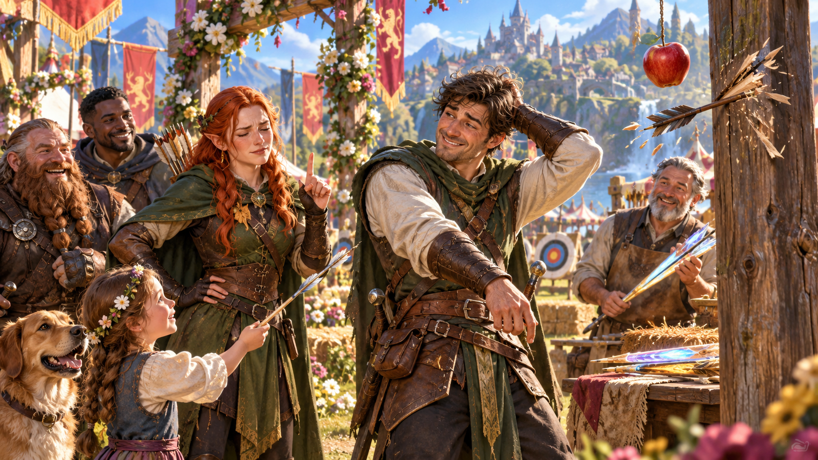 Illustration of an archer with a broken arrow companions beside a splintered arrow in a post and a child offering an intact arrow