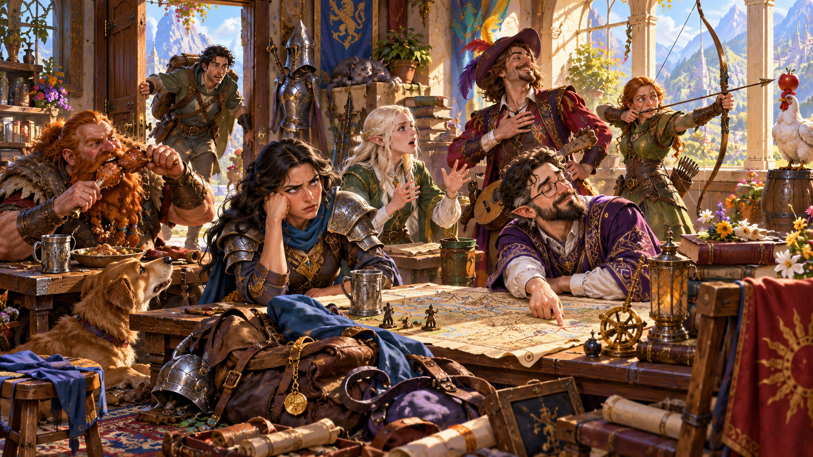 Illustration of tavern companions amid noisy eating clutter a bard and an interruption at the door