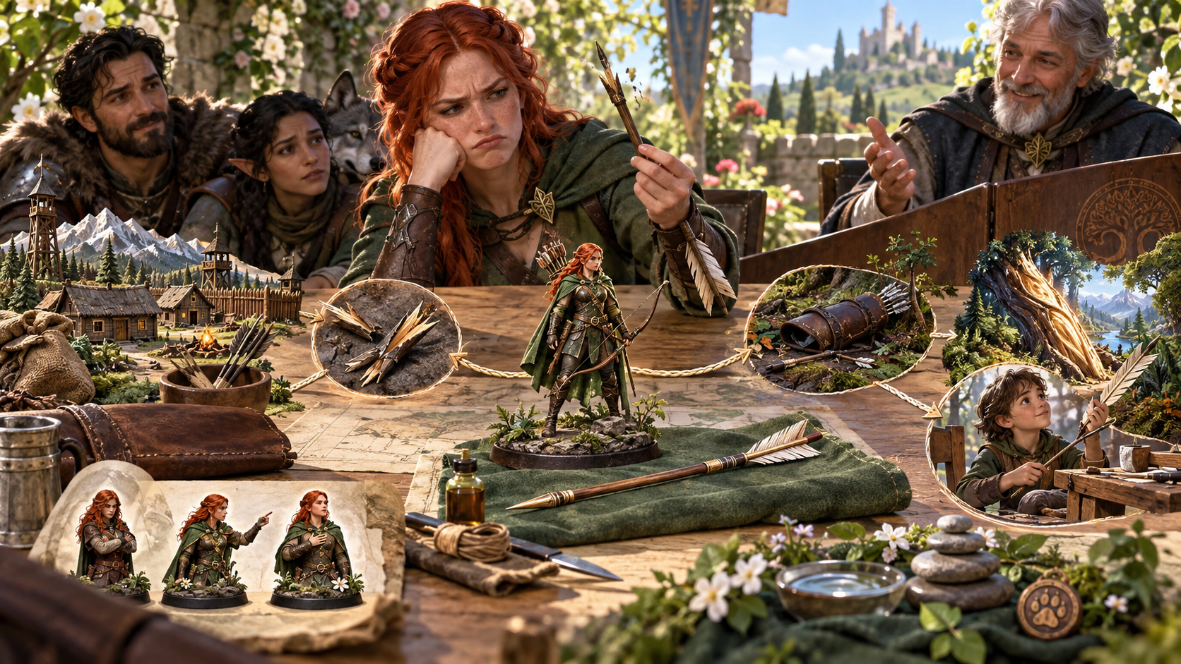 Illustration of character miniatures and a tabletop story map connecting arrows village scenes a barrel a fallen tree and a child crafting an arrow